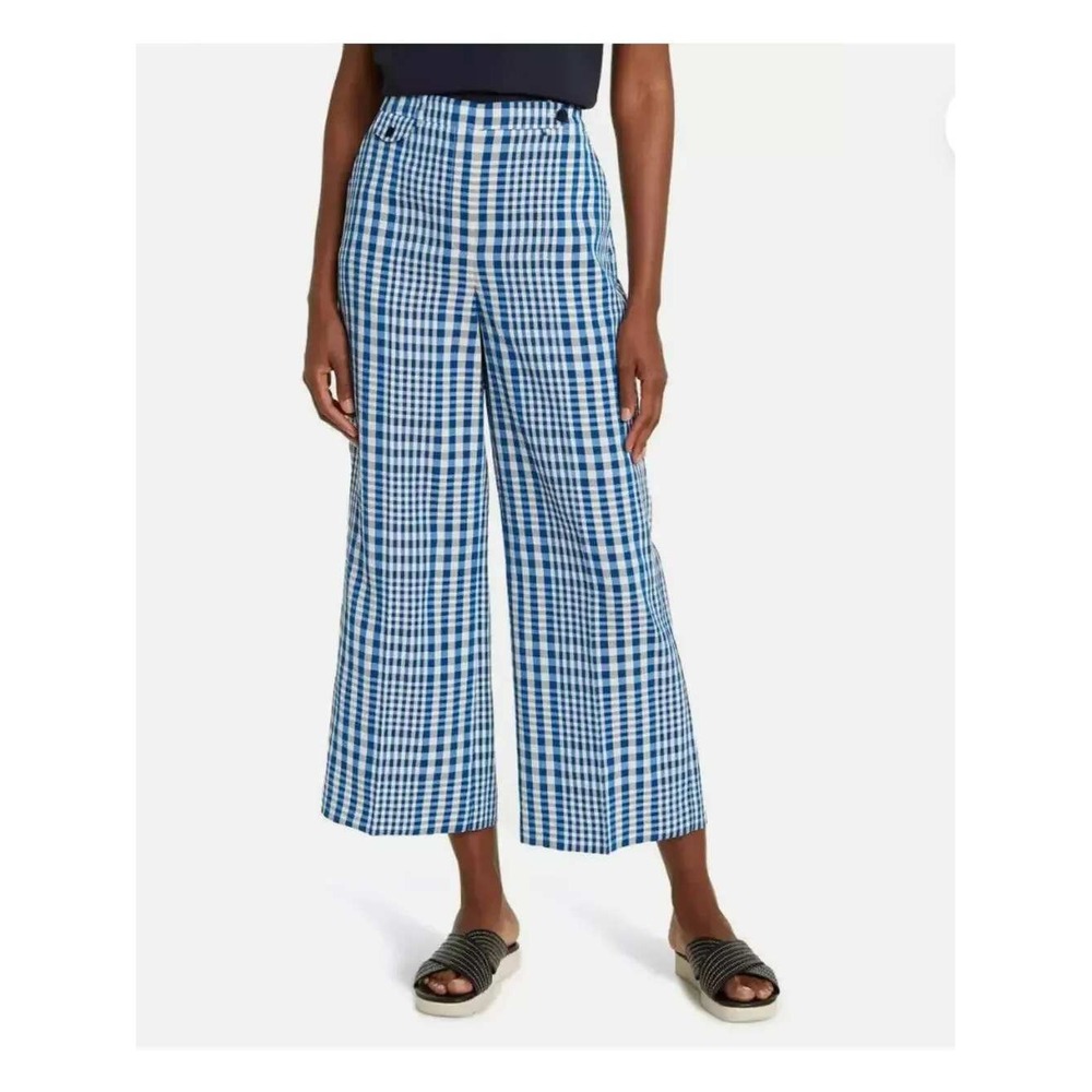 Theory Nadeema Dillon Plaid Blue Gingham Wide Leg Linen Blend Pants Size 8